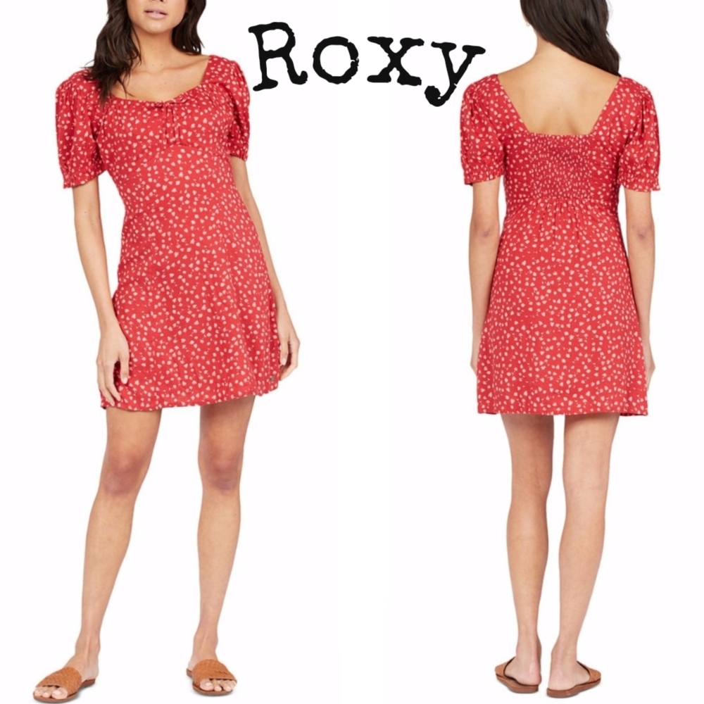 Roxy Jr's Lido Red & White Flower Printed Midi Dress w/ Short Puff Sleeves SM